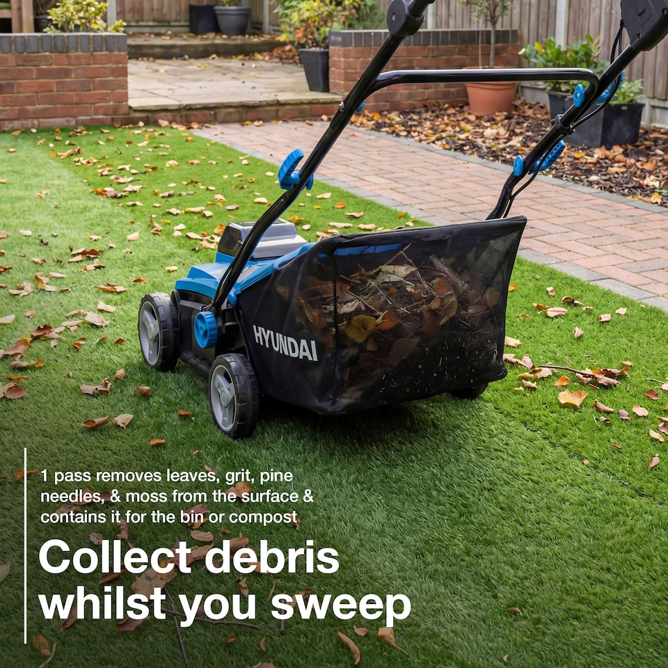 image 1 of Hyundai Cordless Artificial Grass Sweeper Brush 38cm / 15 Inch Battery Powered 40V (2x20V) Brushless, 45L Collection Bag HY40CSW38