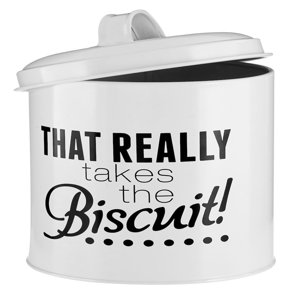 image 1 of Interiors by Premier White Biscuit Canister, Fun Metal Storage Jar With Humorous Print And Lid, Ideal For Storing Biscuits,