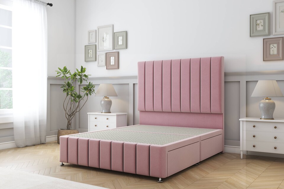 image 1 of Sloomy California Pink Plush Divan Bed Base 2 Drawers Foot-End With 54 Inch Floor Standing Headboard & 12 Inch Matching Footboard | Pink | Pink | Double | 1