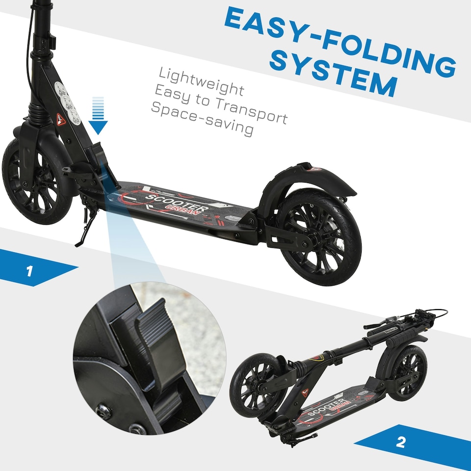 image 1 of HOMCOM Adult Teens Kick Scooter Fold Adjust 14+ w/ Rear Wheel&Hand Brake Black