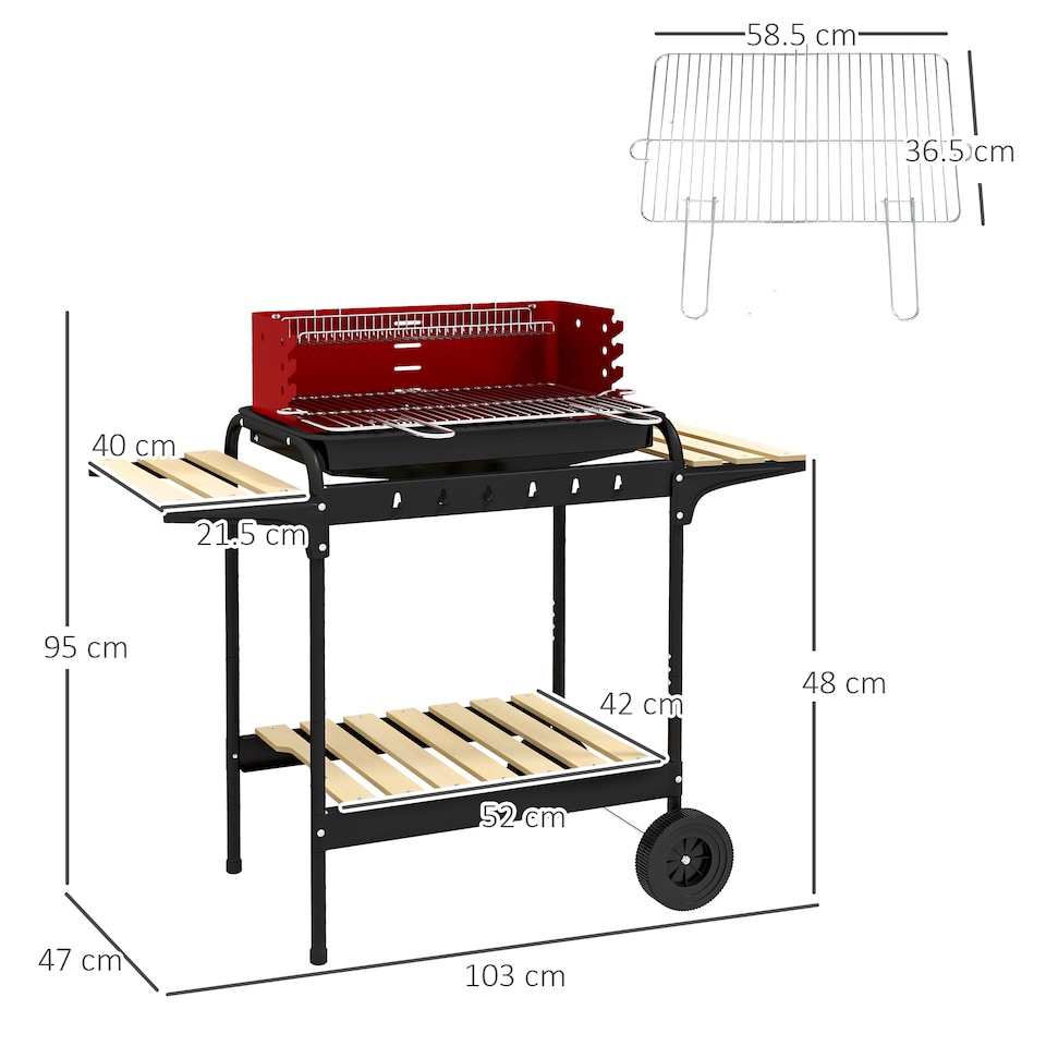 image 1 of Outsunny Charcoal Barbecue BBQ Grill Trolley W/ 5-level Grill Height Ash Catcher | Red | Red