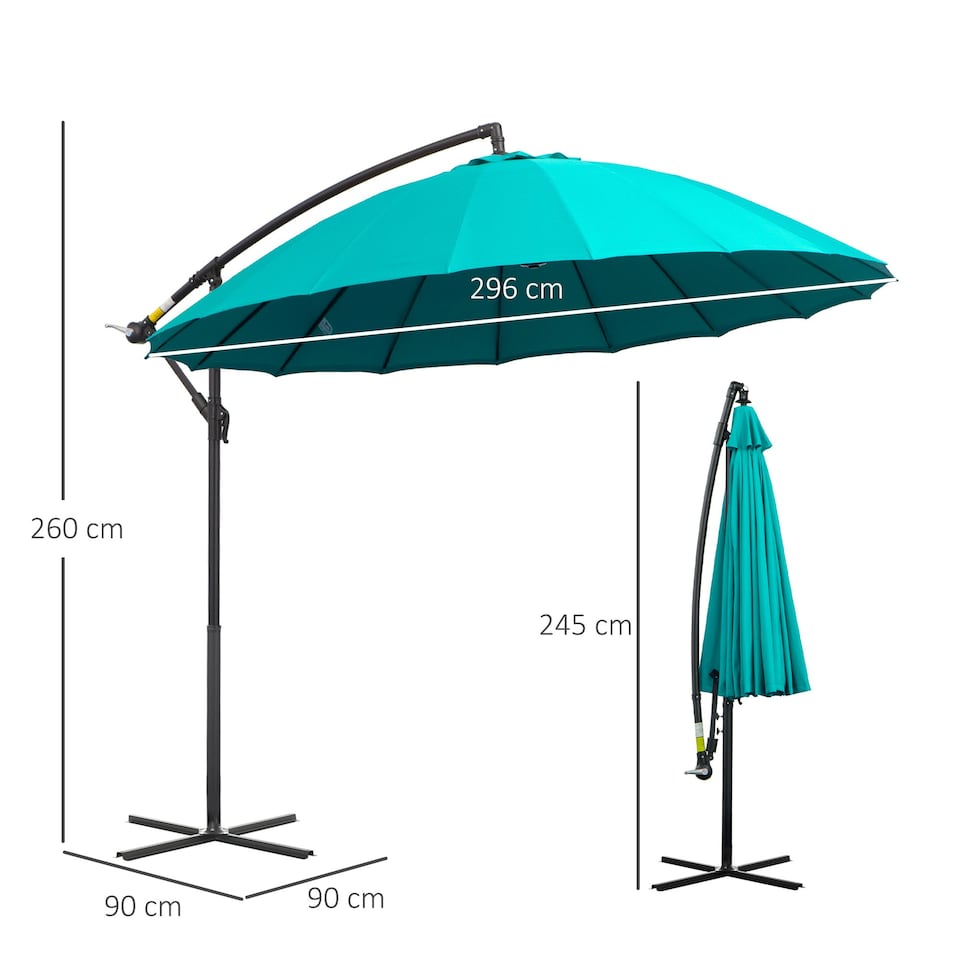 image 1 of Outsunny 3(m) Cantilever Shanghai Parasol w/ Crank Handle, Cross Base, Turquoise