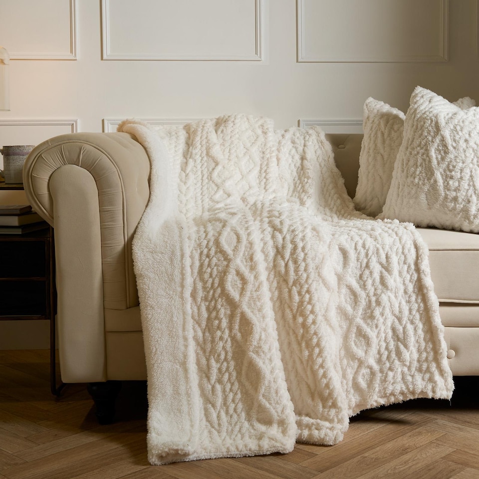 image 1 of OHS Cable Knit Sherpa Throw Soft Fleece Lined Sofa Bed Blanket