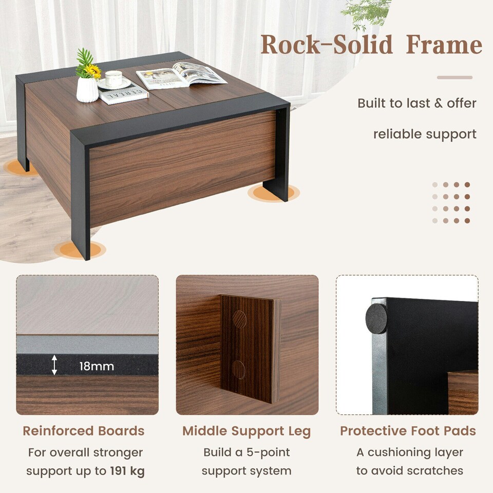 image 1 of COSTWAY Coffee Table w/Sliding Top Extendable Cocktail TeaTable Brown