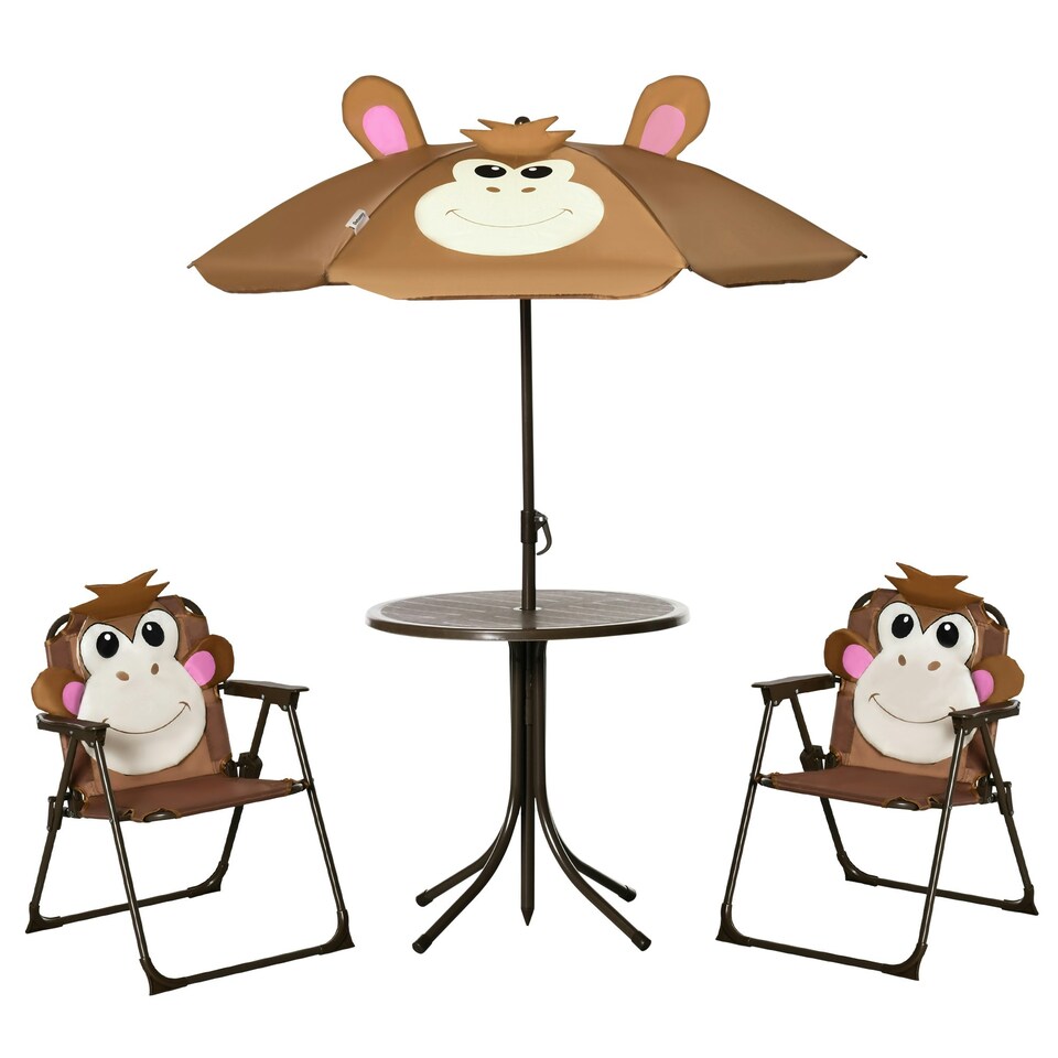 image 1 of Outsunny Kids Foldable Four-Piece Garden Set w/ Table, Chairs, Umbrella - Brown