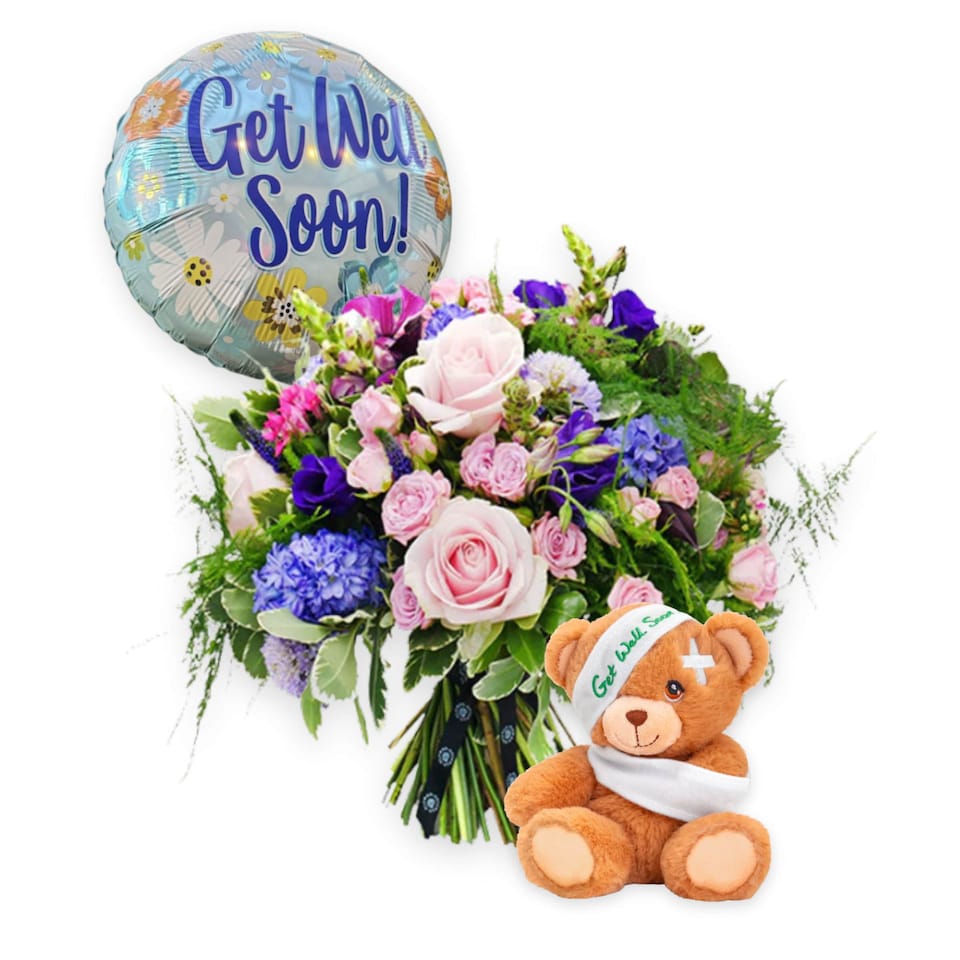 image 1 of Get Well Soon Flower Bouquet, Bear and Balloon Gift Set