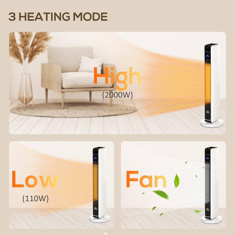 image 1 of HOMCOM 1100W2200W Space Heater with 65 Oscillation, Electric Heater with 2 Heat and Fan, 8-Hour Timer, Overheat Tip Over Protection for Bedroom, 29 inch