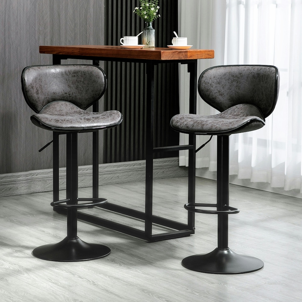 image 1 of HOMCOM Bar Stool Set of 2 PU Leather Adjustable Height Armless Chairs Dark Grey