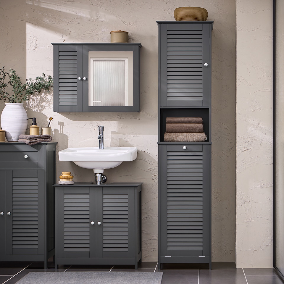 image 1 of SoBuy BZR124-DG,Tall Bathroom Storage Cabinet with Laundry Basket | Grey | Grey | 1