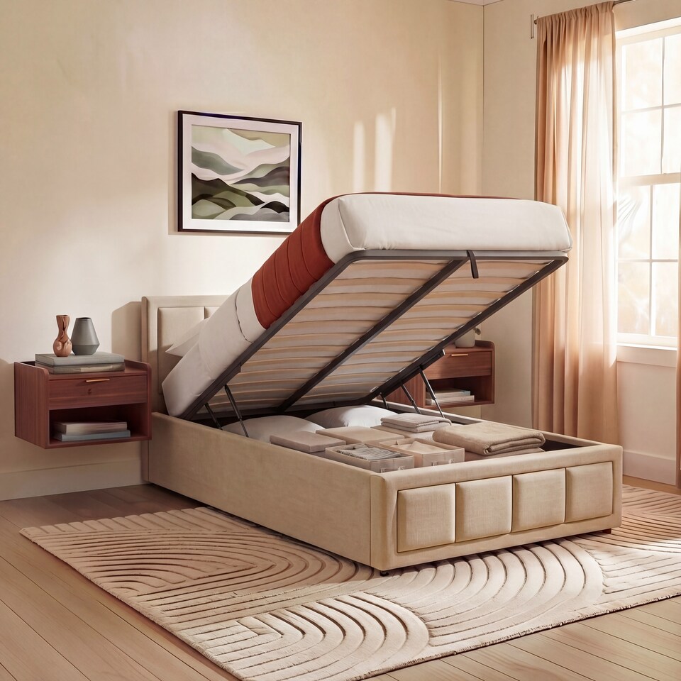 image 1 of Vida Designs Vanita Single Ottoman Lift Up Storage Space Fabric Bed Frame, Beige