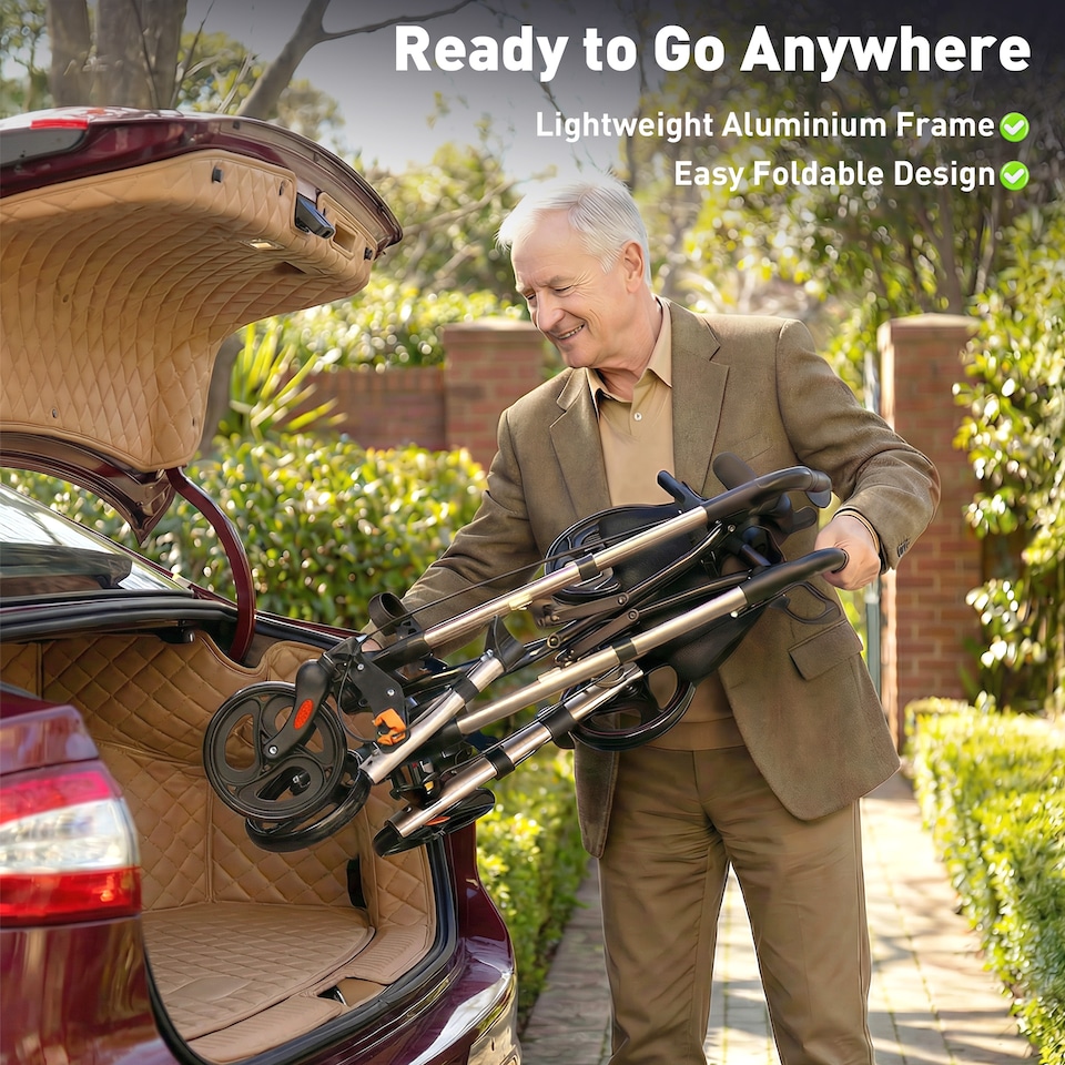 image 1 of HOMCOM 4 Wheel Rollator Walker, Mobility Walker with Bag, Seat, Gold Tone