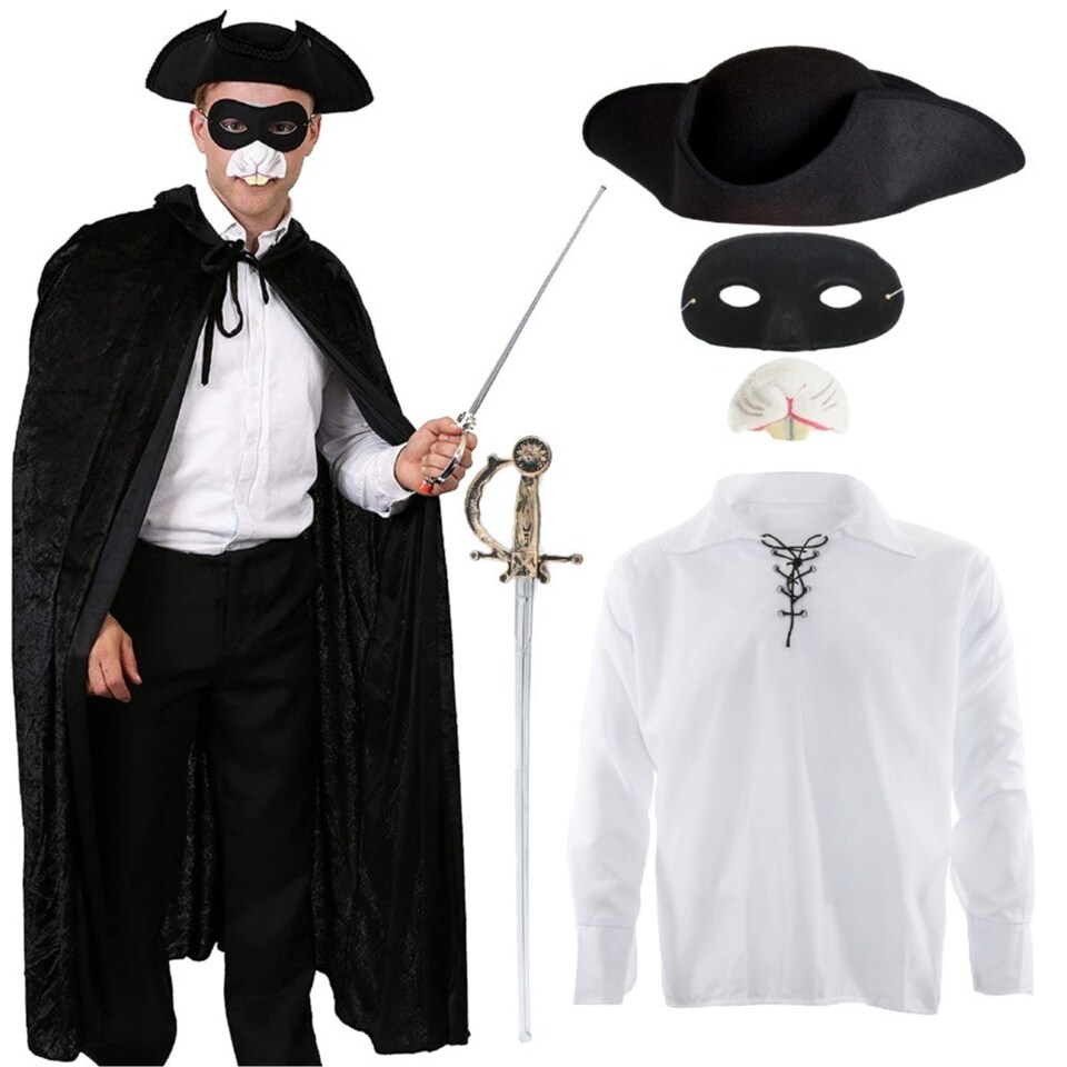 image 1 of Highway Man Costume - Black Tricorn Hat and Accessories White | L