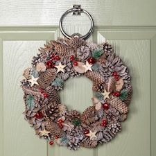 36cm Frosted Hanging Christmas Wreath with Red Jingle Bells & Wooden Stars