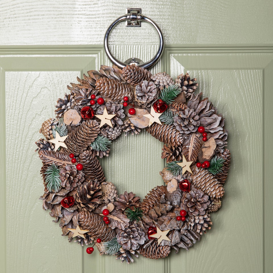 image 1 of 36cm Frosted Hanging Christmas Wreath with Red Jingle Bells & Wooden Stars