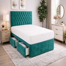 4FT6 Double Emerald Green Coniston Divan Bed Set with Headboard & Orthopedic Mattress 2 Drawers Same Side