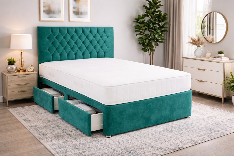 image 1 of 4FT6 Double   Emerald Green  Coniston Divan Bed Set with Headboard & Orthopedic Mattress 2 Drawers Same Side