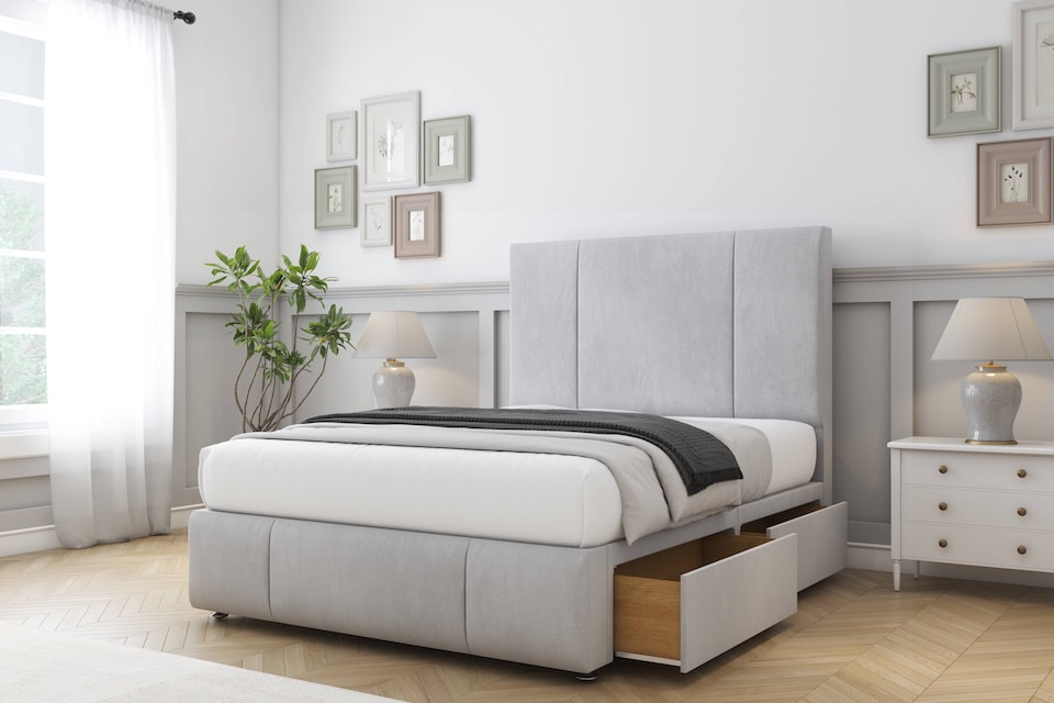 image 1 of Sloomy Lisbon Silver Naples Divan Bed With Mattress No Drawers With 54" Floor Standing Headboard & 12" Matching Footboard 4' Small Double | Silver | Silver | Small Double | 1