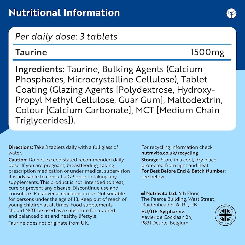 image 1 of Nutravita Taurine Supplement 1500mg - Vegan Amino Acids - Sports Supplement for Men & Women - Made in The UK - 180 High Strength Taurine Tablets