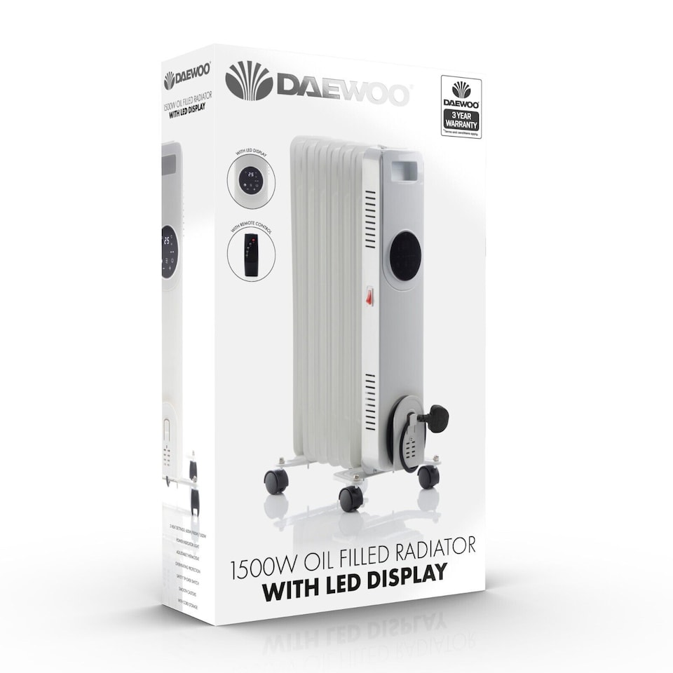 image 1 of 1500W Oil Filled Radiator 7 Fin Portable Heater  with Wheels Thermostat & Remote Control