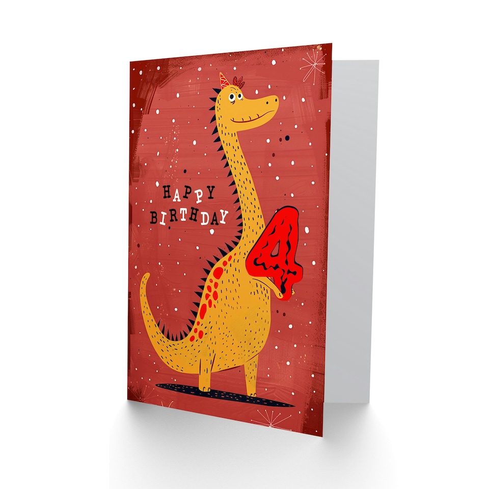 image 1 of Spiky Yellow Red Dinosaur Cartoon Cute 4th 4 Year Old Child Kids Birthday Card
