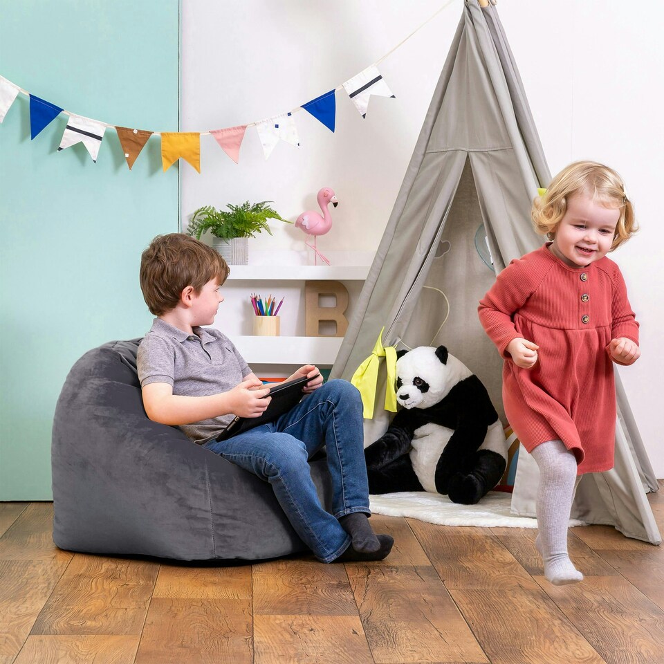 image 1 of icon Kids Aurora Velvet Bean Bag Chair Charcoal Grey Childrens Bean Bags Grey | Grey