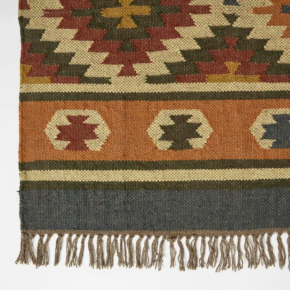 image 1 of Homescapes Lucea Orange and Blue Kilim Wool Rug - 90 x 150 cm | Orange | 90 x 150 cm