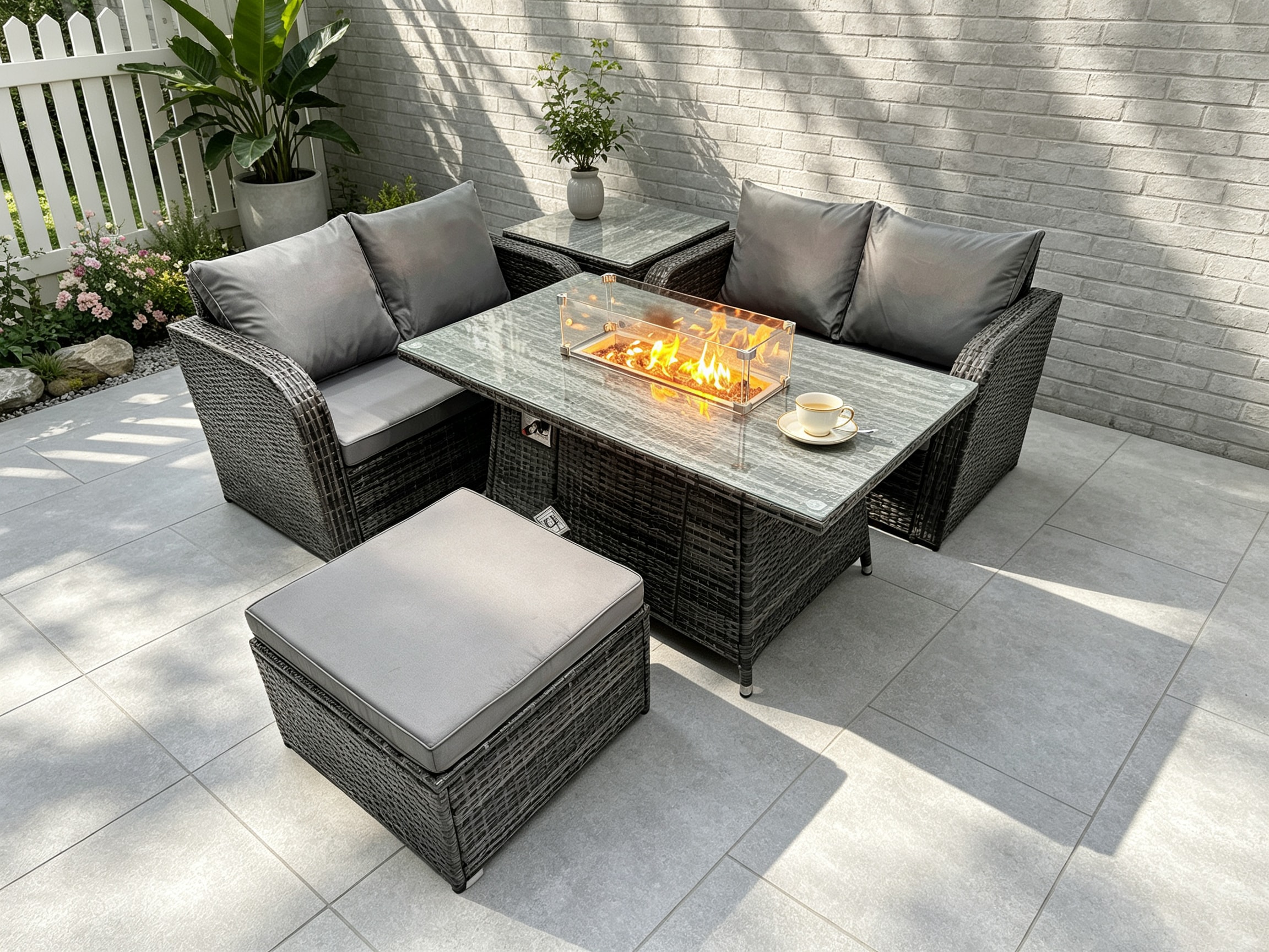Fimous Rattan Garden Furniture Set with Gas Fire Pit Table 5 Pieces Outdoor Loveseat Sofa Set Dark Grey Mixed