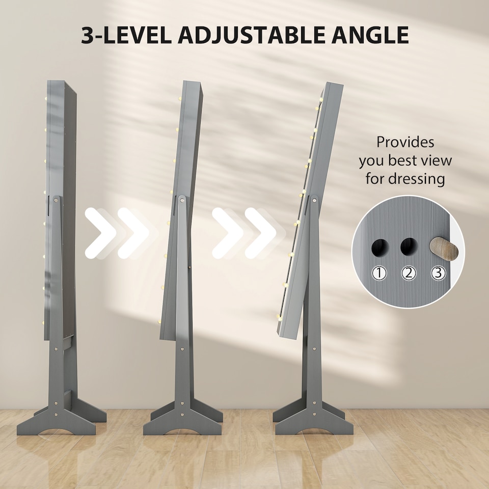 image 1 of HOMCOM Freestanding Mirror Jewelry Cabinet with LED Lights, Jewellery Organiser with 3 Angle Adjustable, Full-Length Mirror with Storage for Earrings, Necklaces, Rings and Lipsticks, Grey