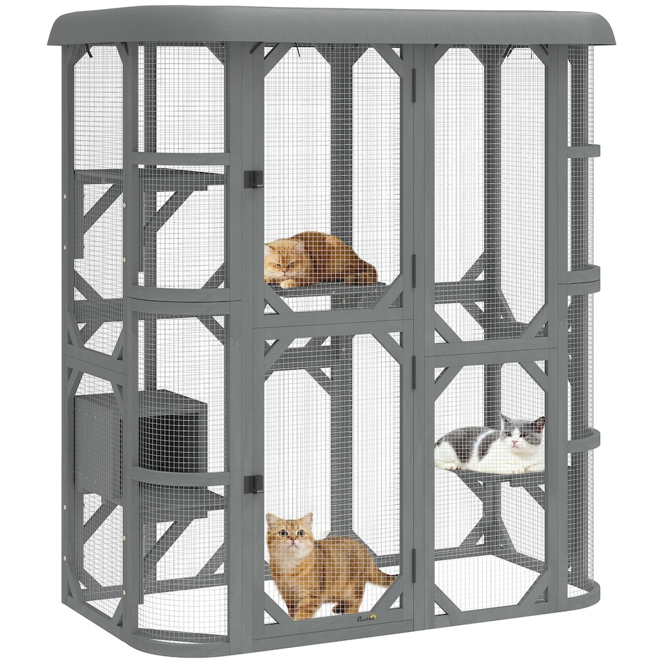 image 1 of PawHut Walk-in Catio, Outdoor Cat Enclosure with 4 Jumping Platforms, Condo and Waterproof Cover, Outdoor Indoor Large Cat House for 2-3 Kittens ,Grey