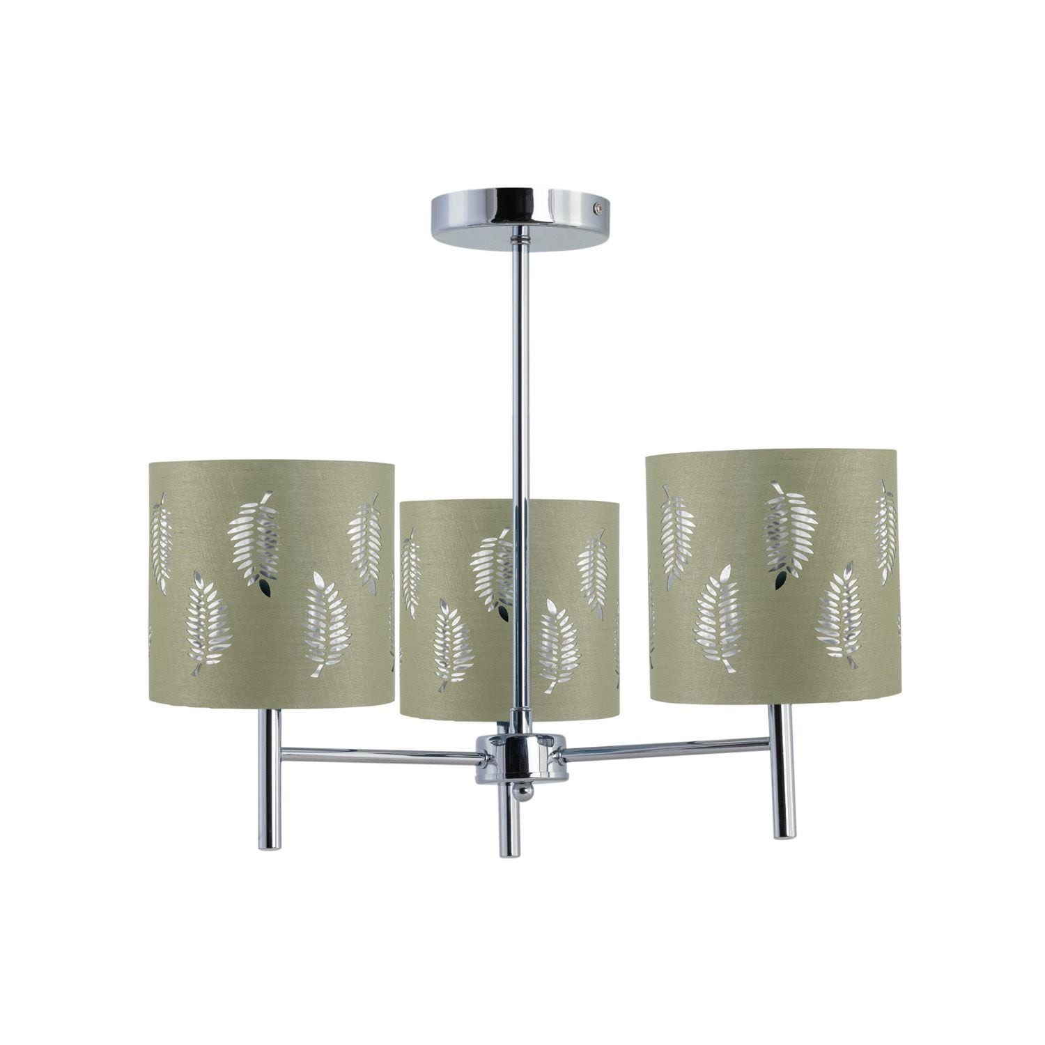First Choice Lighting Brea - Chrome 3 Light Fitting with Sage Green Fern Shades in Silver