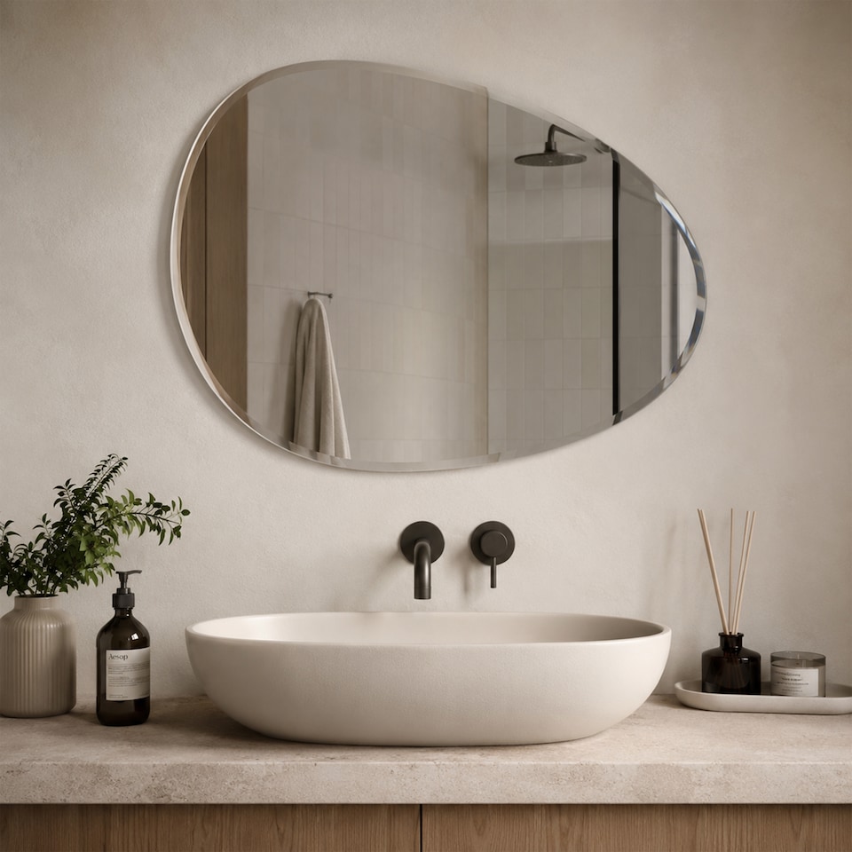 image 1 of Showerdrape Angel Oval Wall Mounted Frameless Bevelled Edge Bathroom Mirror 70 x 50cm | Chrome | Mirror | 1
