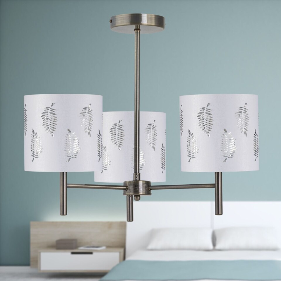 image 1 of Set of 2 Brea - Antique Brass 3 Light Fittings with White Fern Shades | Yellow | White | 2