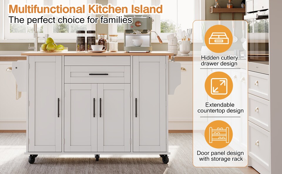 image 1 of VILUXE Mobile Kitchen Island with Foldable Worktop, Hidden Cutlery Drawer, Large Drawer, Adjustable Shelves, Door Racks, Towel Rack, Spice Rack and 5 Wheels, White and Natural Wood