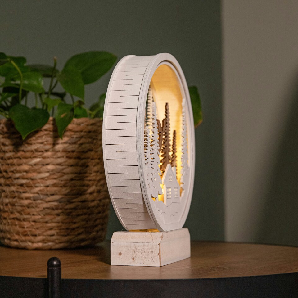 image 1 of 21cm Battery Operated Light up White Wooden Village Landscape with Warm White LEDs