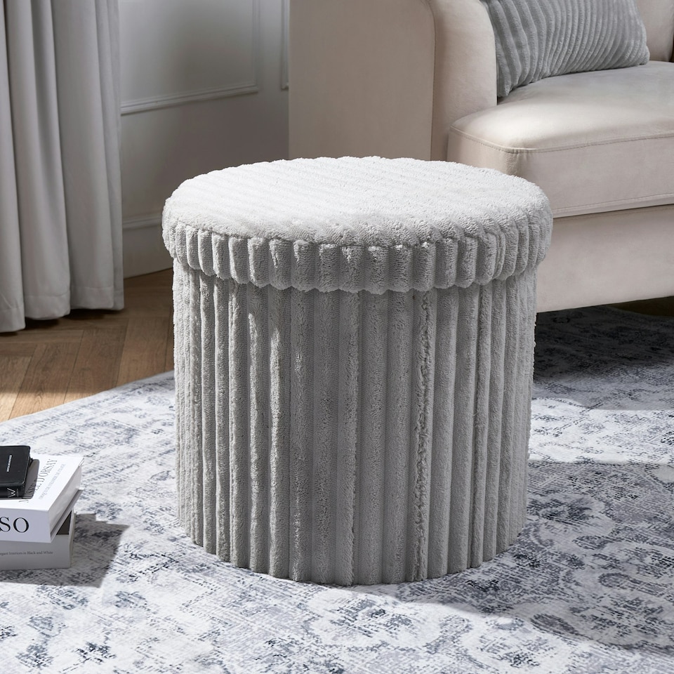 image 1 of OHS Soft Fleece Ribbed Round Foldable Footstool Seat Storage Organiser Ottoman Grey