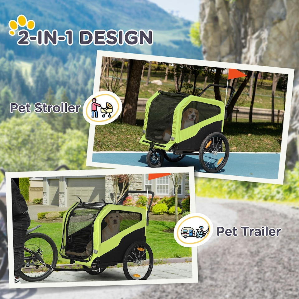 image 1 of PawHut 2 in 1 Dog Bike Trailer Pet Stroller for Large Dogs W/ Hitch - Green