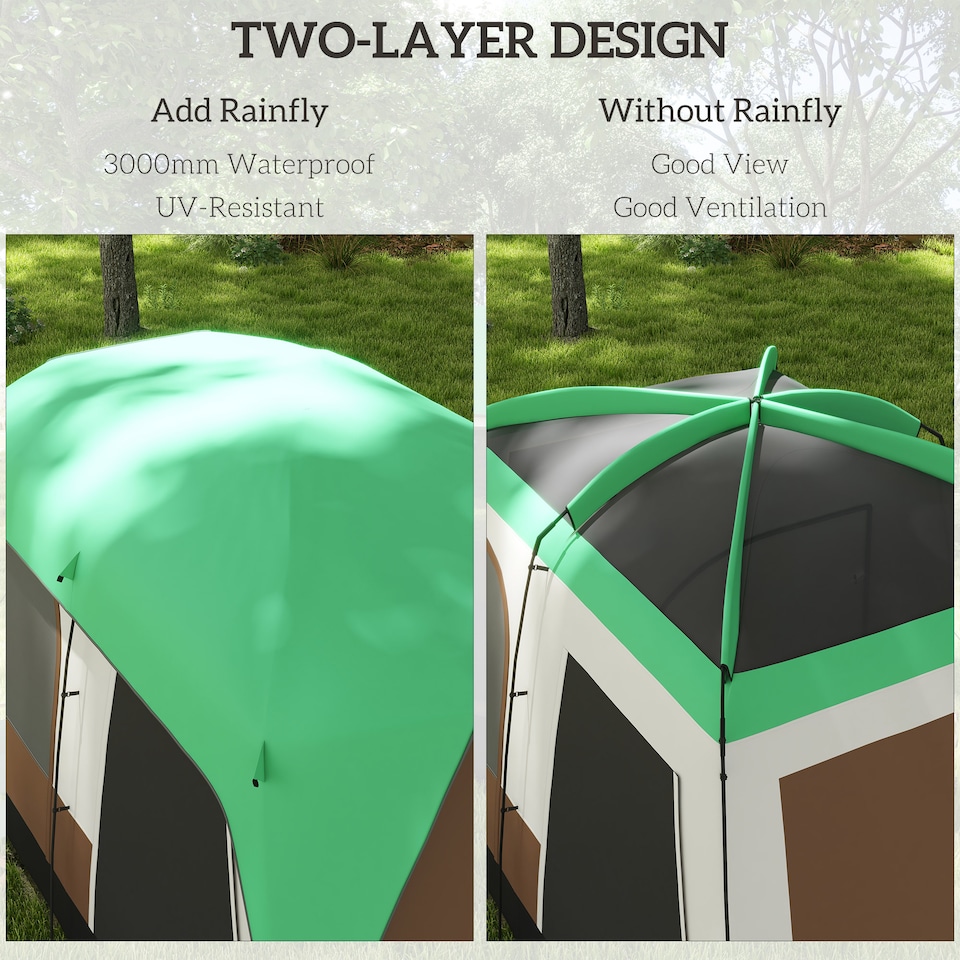 image 1 of Outsunny Camping Tent with 3000mm Waterproof Rainfly & Screen Panels, Green