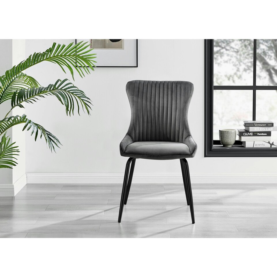 image 1 of Furniturebox 2x Nora Dark Grey Velvet Black Leg Dining Chairs