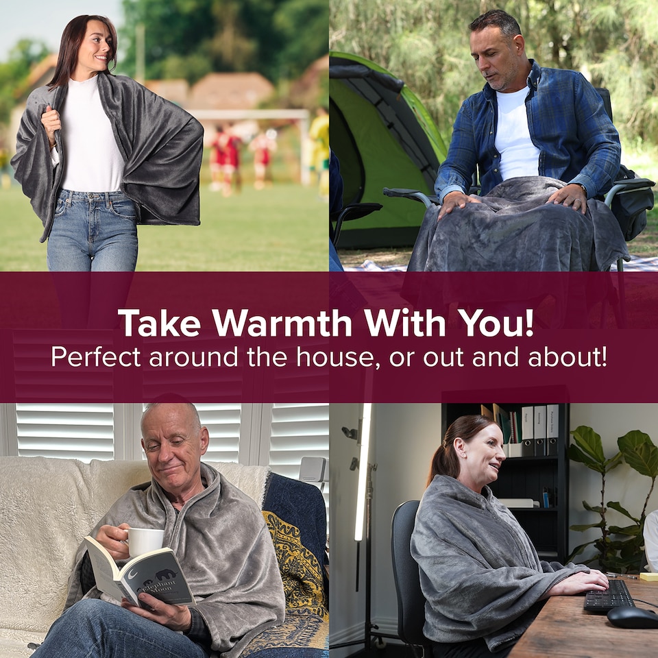 image 1 of Sash & Bloom 2-in-1 Heated Shawl & Blanket with Rechargeable Battery Pack Charcoal