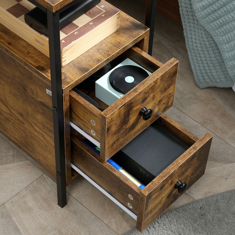 image 1 of HOMCOM Narrow End Table, Sofa Side Table with 2 Drawers Storage Shelf, Brown Brown