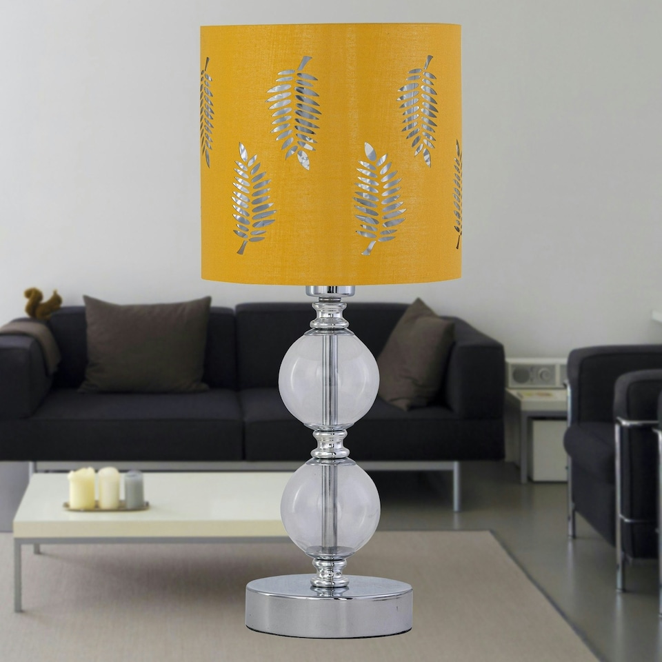 image 1 of First Choice Lighting Set of 2 Chrome Two Ball Table Lamps with Ochre Mustard Fern Shades Chrome | Yellow