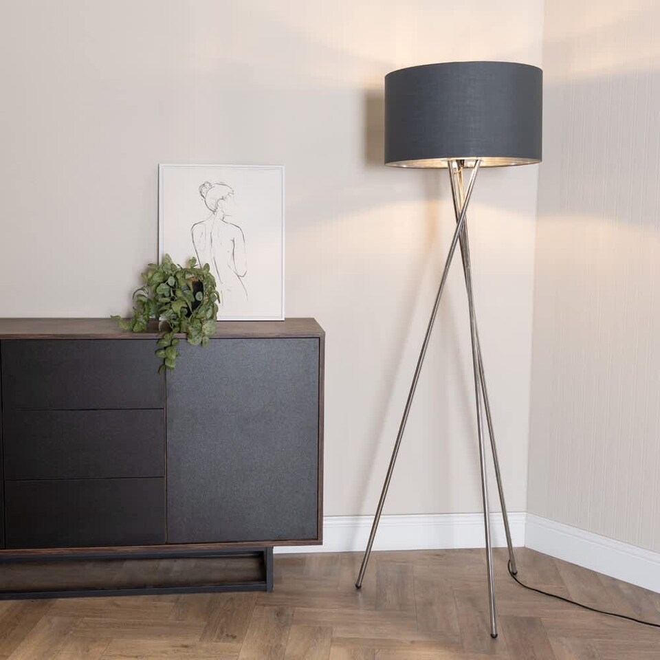 image 1 of ValueLights Camden Chrome Tripod Floor Lamp Charcoal & Silver Shade | Grey