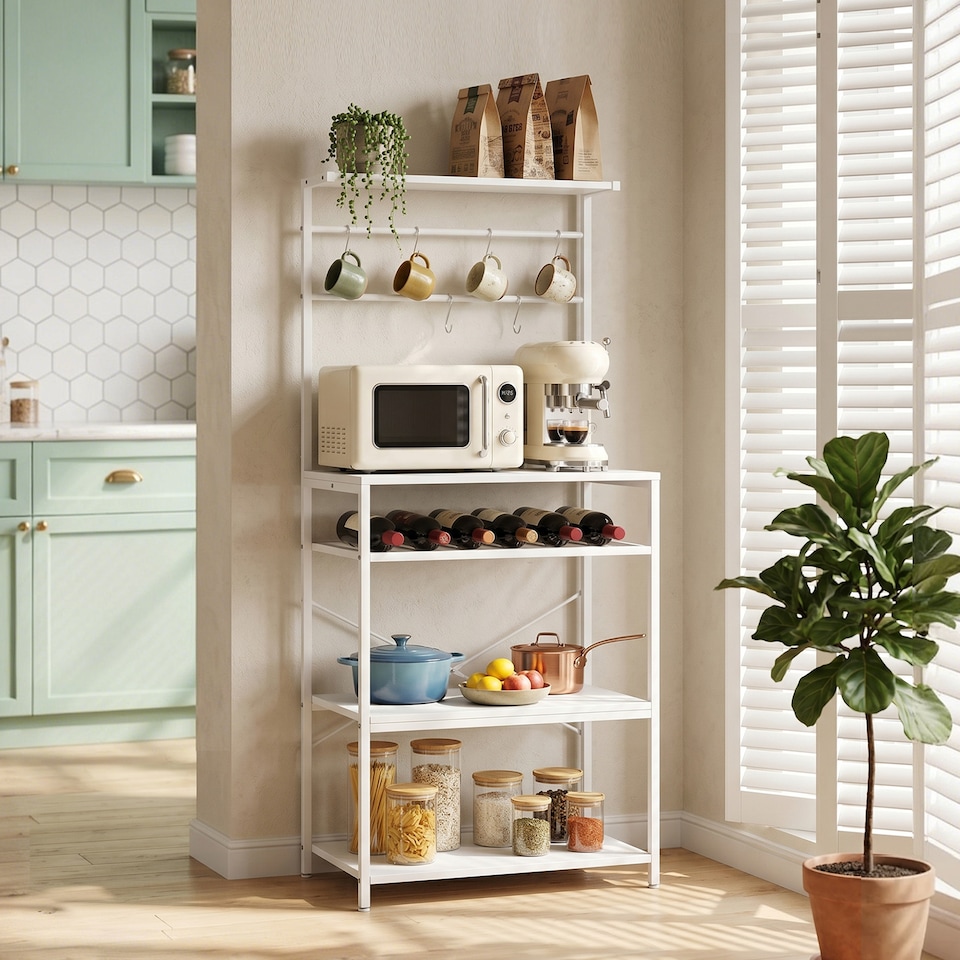 image 1 of HOMCOM Freestanding Shelving Unit with 6 Hooks and Wine Rack