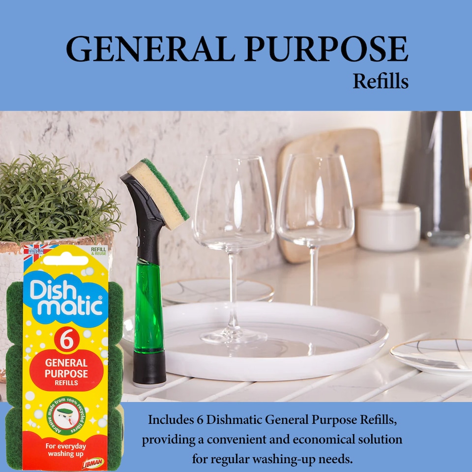 image 1 of Dishmatic Scrubbee Handle with 6 General Purpose Refills and I-Stand Fillable Washing Up Brush Set for Cleaning