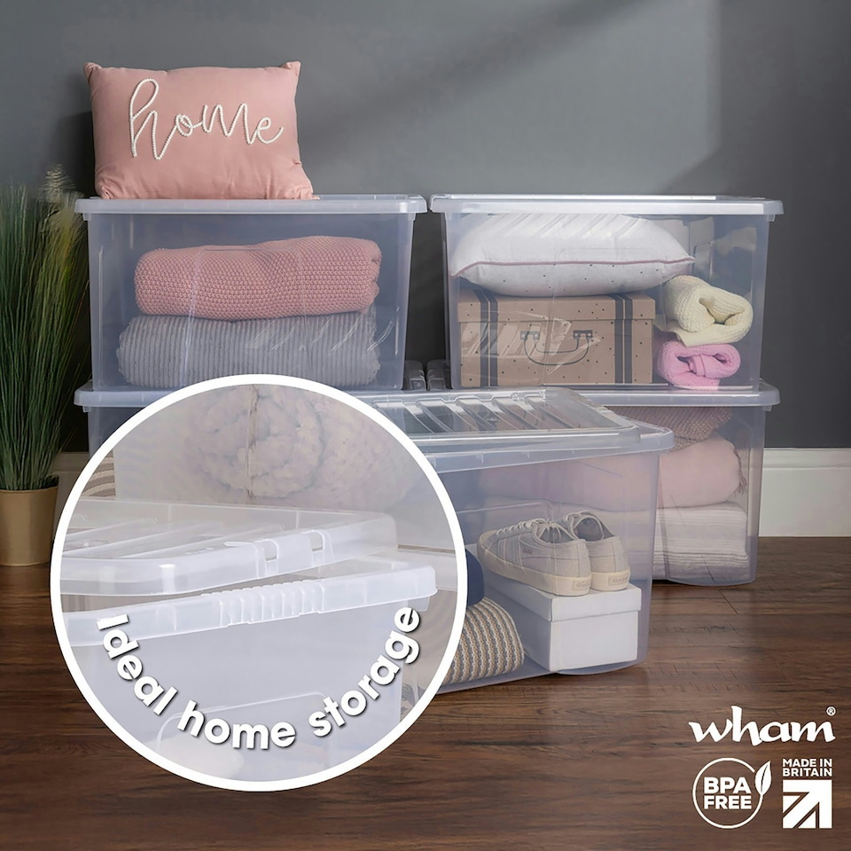 image 1 of Wham Crystal 5 x 60L Stackable Plastic Storage Boxes with Lids Pink