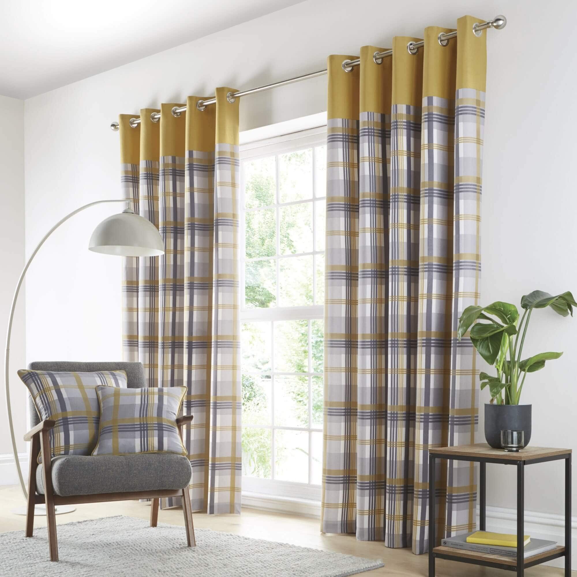 Portfolio Home Orleans Tartan Check Ochre 66 x 72 Inches Fully Lined Eyelet Curtains | Yellow