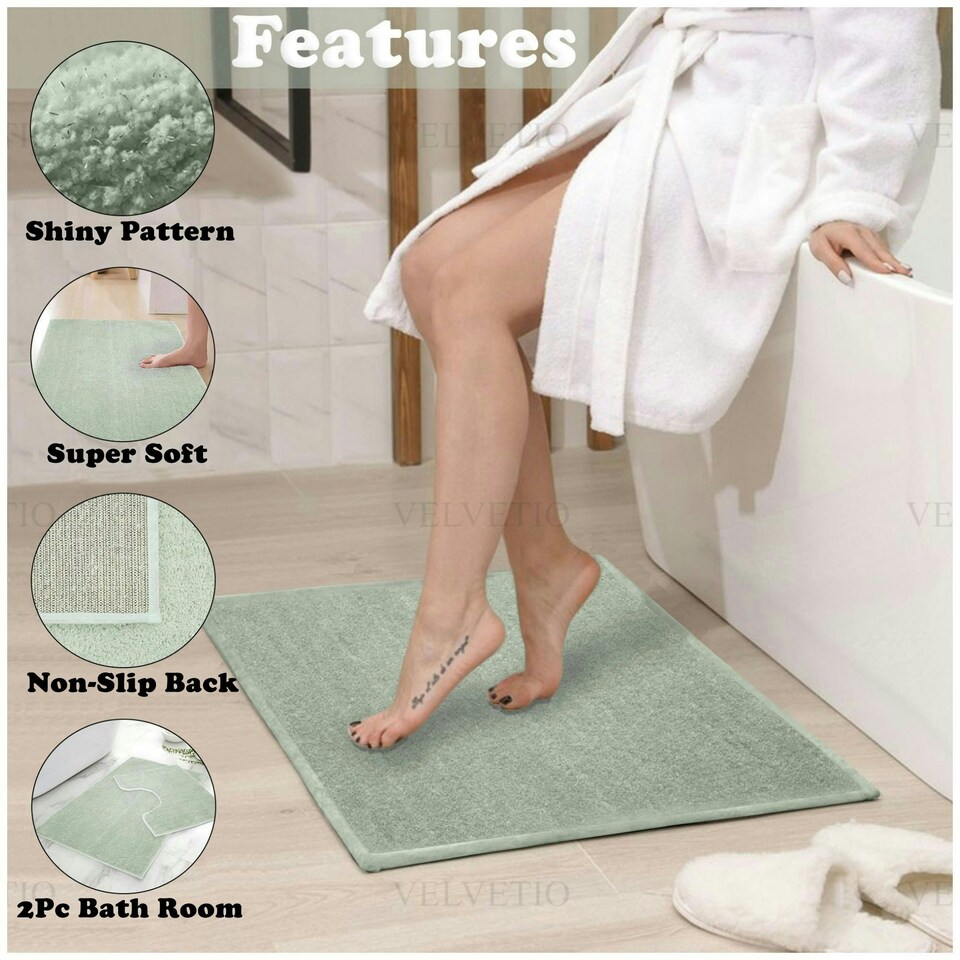 image 1 of VELVETIO Shiny Sparkling Bath Set Anti Slip Pedestal Mat Bathroom Rugs Cream | Mint