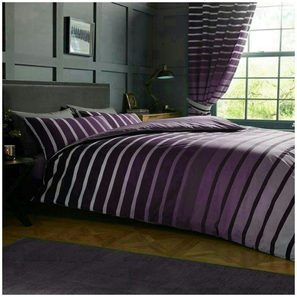image 1 of VELVETIO Oscar Stripe Duvet Cover Set Reversible Polycotton Easy Care Beddings Purple | Super King
