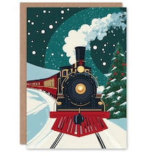 Polar Express Steam Train Decorated Tree Blank For Him Or Her Art Xmas Festive Christmas Card