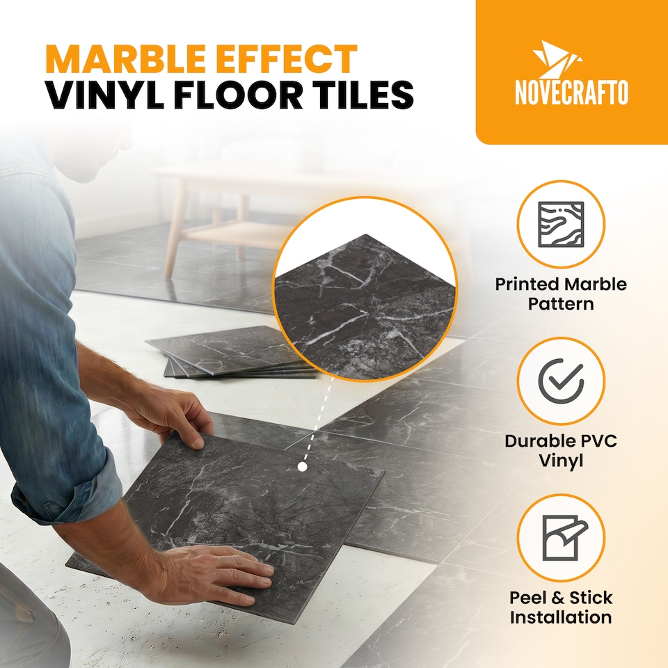 image 1 of NOVECRAFTO Self Adhesive Vinyl Floor Tiles - 12x12 in (30.5x30.5cm) - Waterproof 1.5mm Thick Peel & Stick Flooring - Luxe Marble Effect for Kitchen | Black | 0.9 sqm
